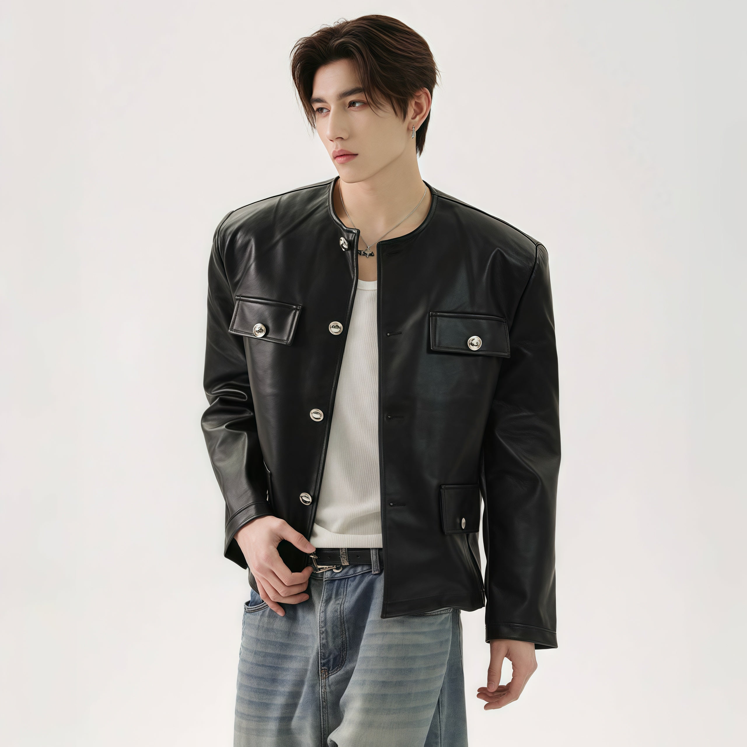 【良品】ショット　ノーカラーレザージャケット シングル 裏地総柄 M ブラック 楽天市場】ライダースジャケット ノーカラー ジャケット